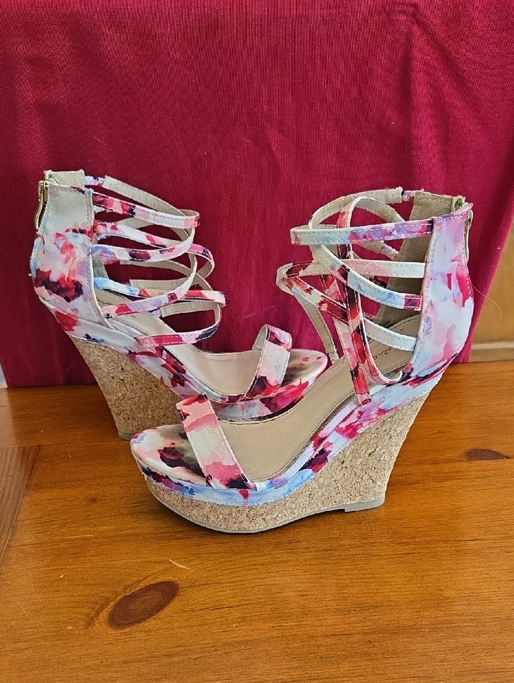 Qupid Floral Strappy Cork Wedge Sandals - Pink Multi
